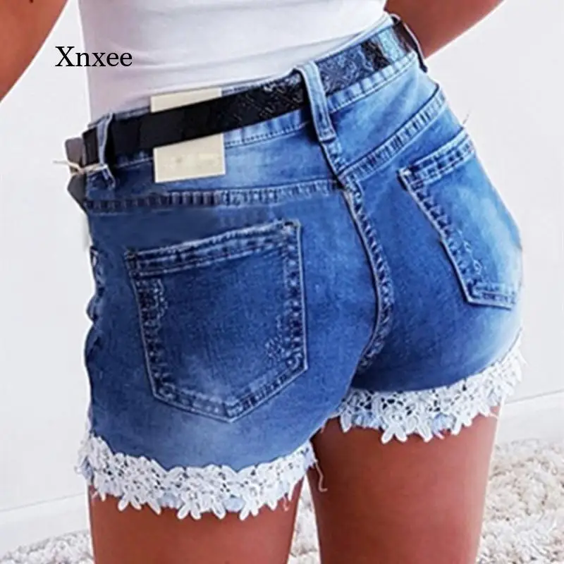 Women Slim Denim Shorts Lace Flower Patchwork Jeans | Stretch Stitching Casual Sexy Hot Pencil Shorts Women Slim Denim Shorts Lace Flower Patchwork Jeans | Stretch Stitching Casual Sexy Hot Pencil Shorts