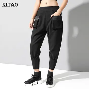 

XITAO High Waist Pleated Pocket Harem Pants Women Clothes 2019 Fashion Loose Casual Elastic Waist Match All Pants Autumn DMY1143