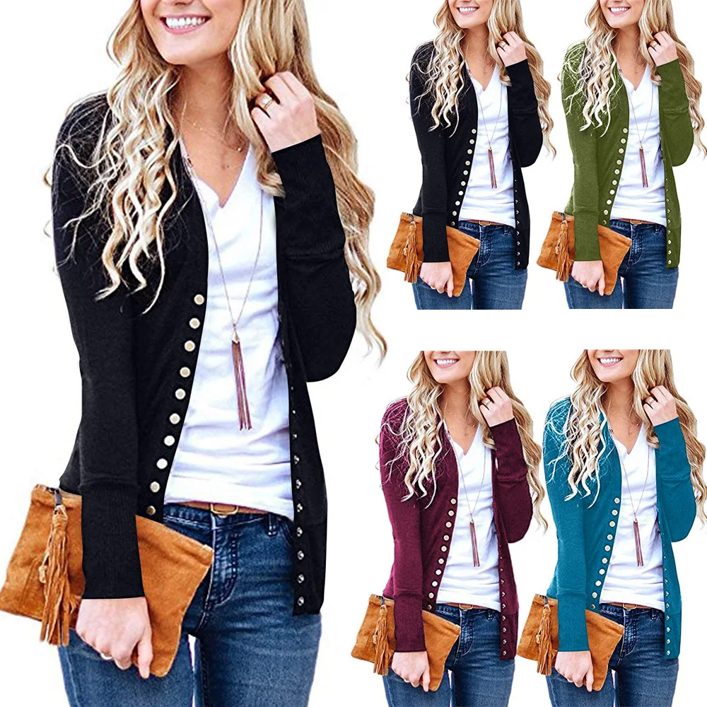Knitwear Coat Autumn Winter 2019 Fashion Jumpers Ladies Long Sweater Women Buttons Knitted Cardigan Sleeve Ribbed Neckline |