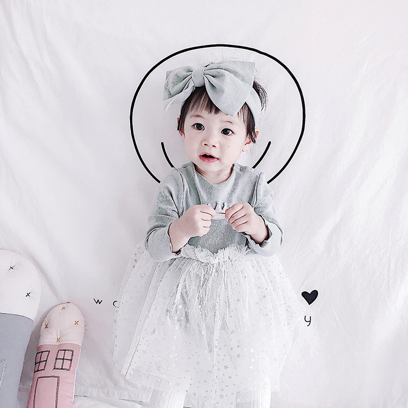 Autumn New Children's Princess Dress Korean Baby Girls Star Mesh Crown Long-sleeved Dresses Pink Tutu Dress Matched Headband Set
