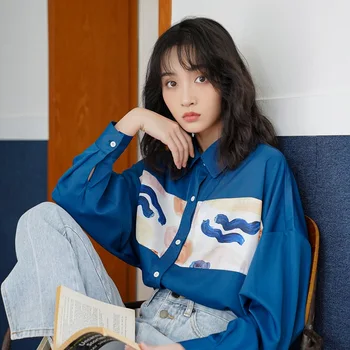 

Chic Women's Printed Shirts 2020 Fun Doodle Pattern Tops Unique Design Casual Shirt Female Lapel Loose Long Sleeve Blue Shirt
