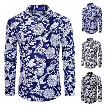 

2020 Autumn New Arrival European Version Men's Printing Lapel Long-sleeved Shirt Men's Casual Square Collar Shirt Free Shipping