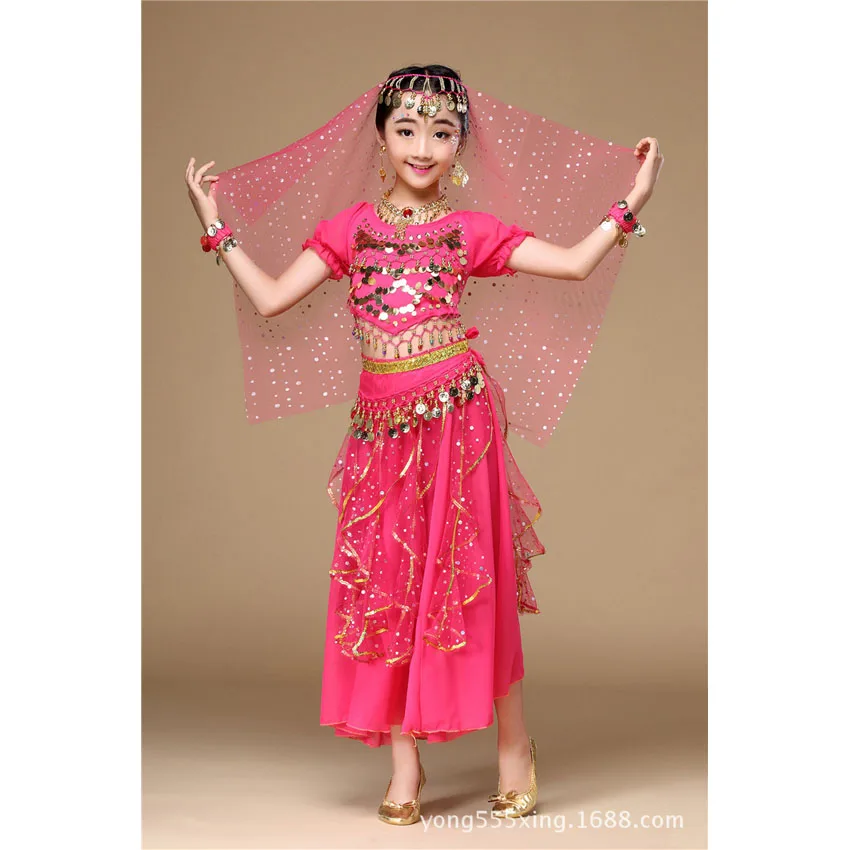 5 Colors Children's Day Belly Dance Stage Performance Baby Girl Kid Suit Oriental Indian Sequin Belly Costume Top Skirt Costume