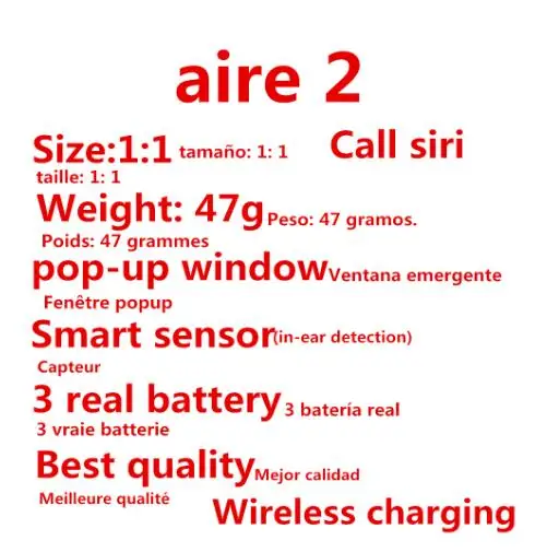 

HD New Aire2 Clone Bluetooth Earphones W1 Chip Original Pop Up Windows Earbuds Wireless Headset For iPhone Earphone 2 Generation