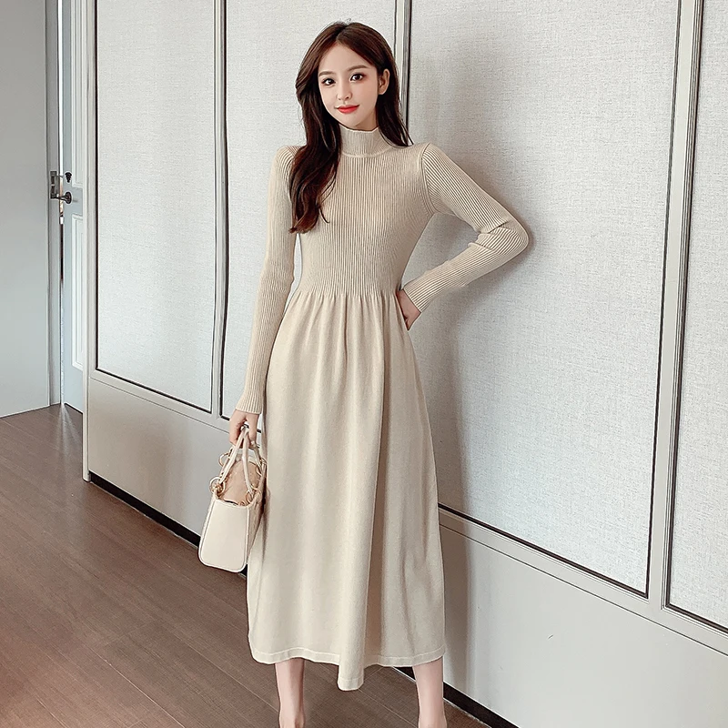 Autumn Winter New All-Match Casual Over-The-Knee Knitted Solid Color Round Neck Bottoming Elastic Black Dress Women
