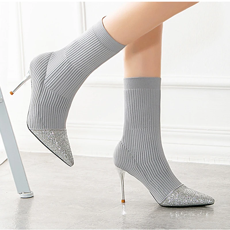 

size 41 autumn knitted socks boots luxury brand pointed rhinestone ladie thin heel 9CM elastic boots stretch sock boots