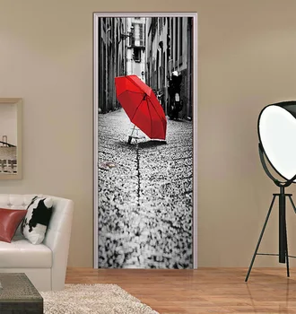 

Red Umbrella Street Scenery Door Sticker Dorm Room PVC Poster Door Mural Removable Art Vinyl Wallpaper Roll Drop Shipping