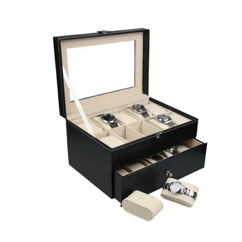 

20 Slots Watch Storage Box Glass/PU Leather Jewelry Organizer Black Bracelet Storage Case 2 Drawers Watch Collection Box