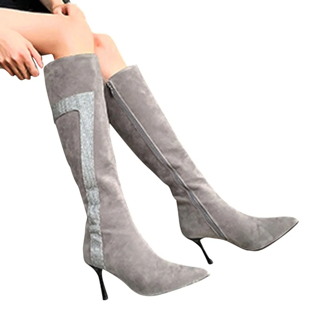 

Stiletto pointed sequined Knee boots Zipper Flock Thin Heels Solid color Party long boots 2019 winter women Fashion Long Boots