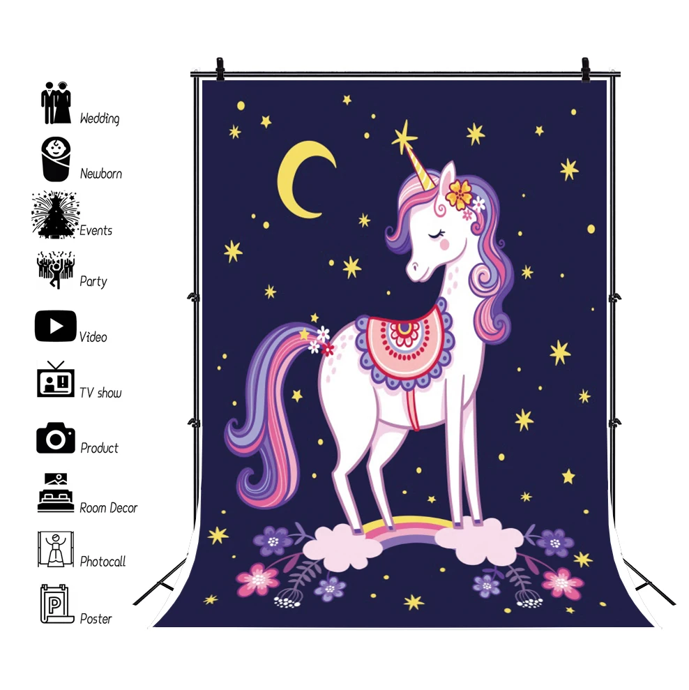

Laeacco Baby Girls Birthday Background Dark Blue Starry Sky Moon Rainbow Unicorn Birthday Portrait Custom Photographic Backdrop