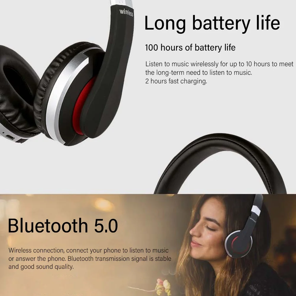 Foldable Wireless Bluetooth 5.0 Over-Ear Headphone Heavy Bass Stereo Headset With Mic