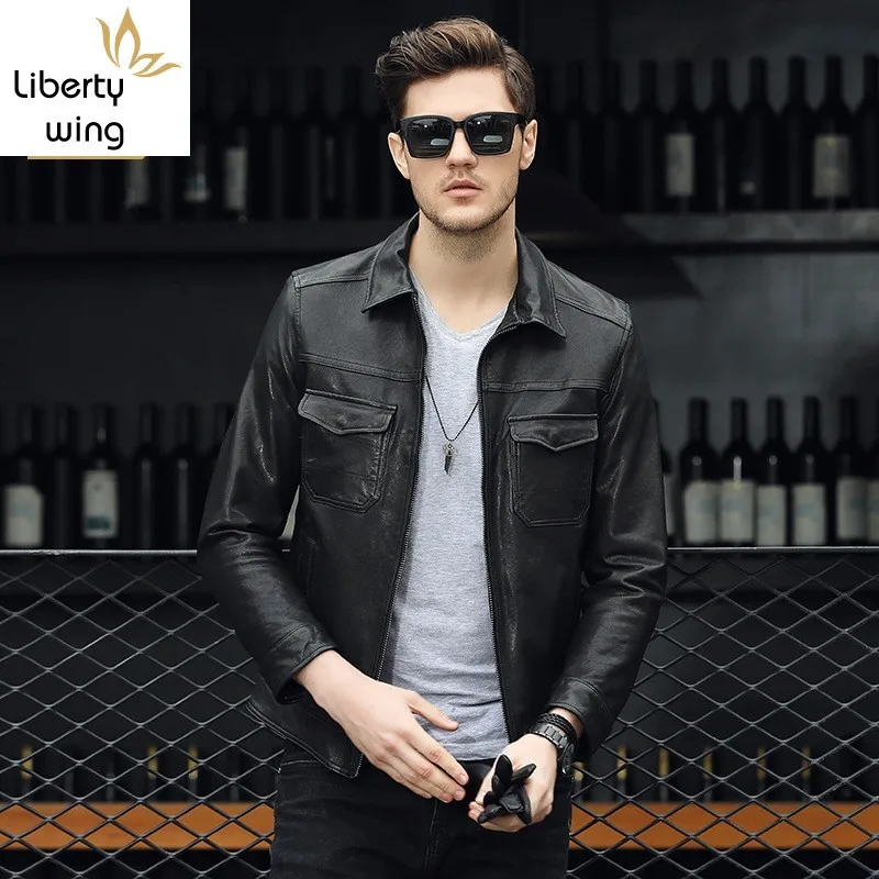 

Sheepskin Vintage Motorcycle Jackets Men Genuine Fashion Zipper Black Slim Real Leather Coats Plus Size 4XL Male Jacket