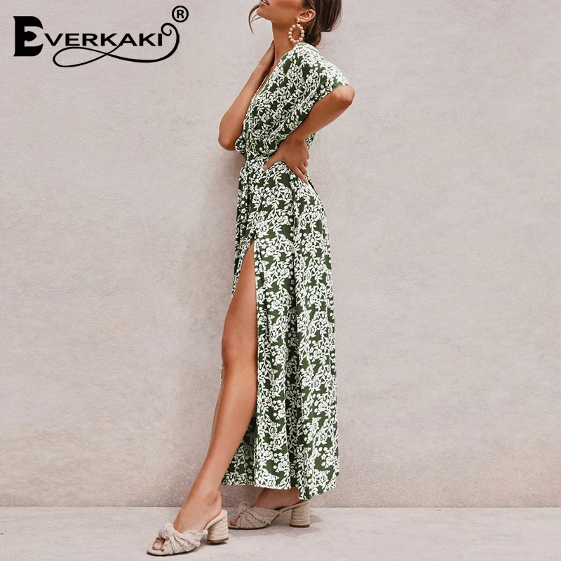 Everkaki Boho длинное женское платье с цветочным принтом летние платья с глубоким v-образным вырезом цыганские Женские винтажные макси платья женские Осень новинка