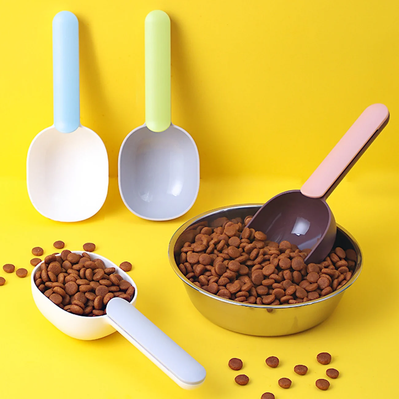 Cuchara de comida multifuncional para perros, cuchara de alimentación de mascotas con bolsa sellada, clip, taza medidora creativa