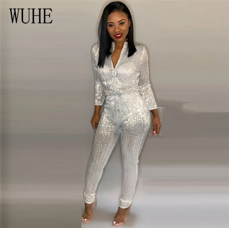 

WUHE Gilding Turtleneck Women Jumpsuit Christmas White Zipper Long Sleeve Club Party Bodysuit Halloween Costumes Plus Size S-4XL