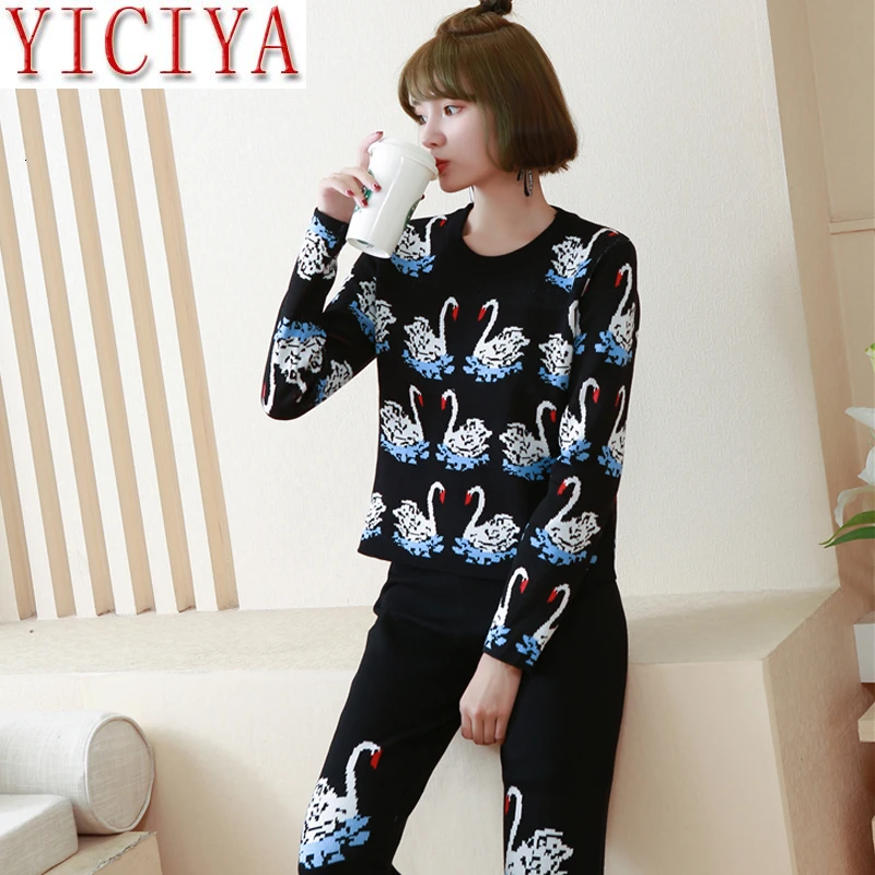 

Black Sweater Set Women Outfits 2 Two Piece Sets Knitted Sweatshirt Pant Suits Warm Pullovers Matching Tracksuit Femme Clothing