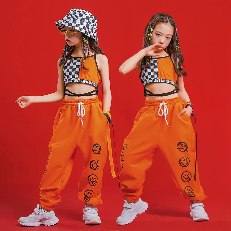 Children Jazz Dance Costumes For Girls Orange Vest Hiphop Pants Outfits Modern Dance Hip Hop Clothes Street Wear DQS6836