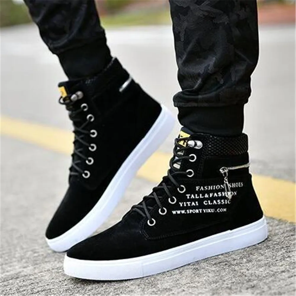 

High Top Sneakers Men Casual Ankle Boots Leather Shoes Autumn Male Flats Metal Hip hop Sneakers Autumn New Zapatillas de hombre