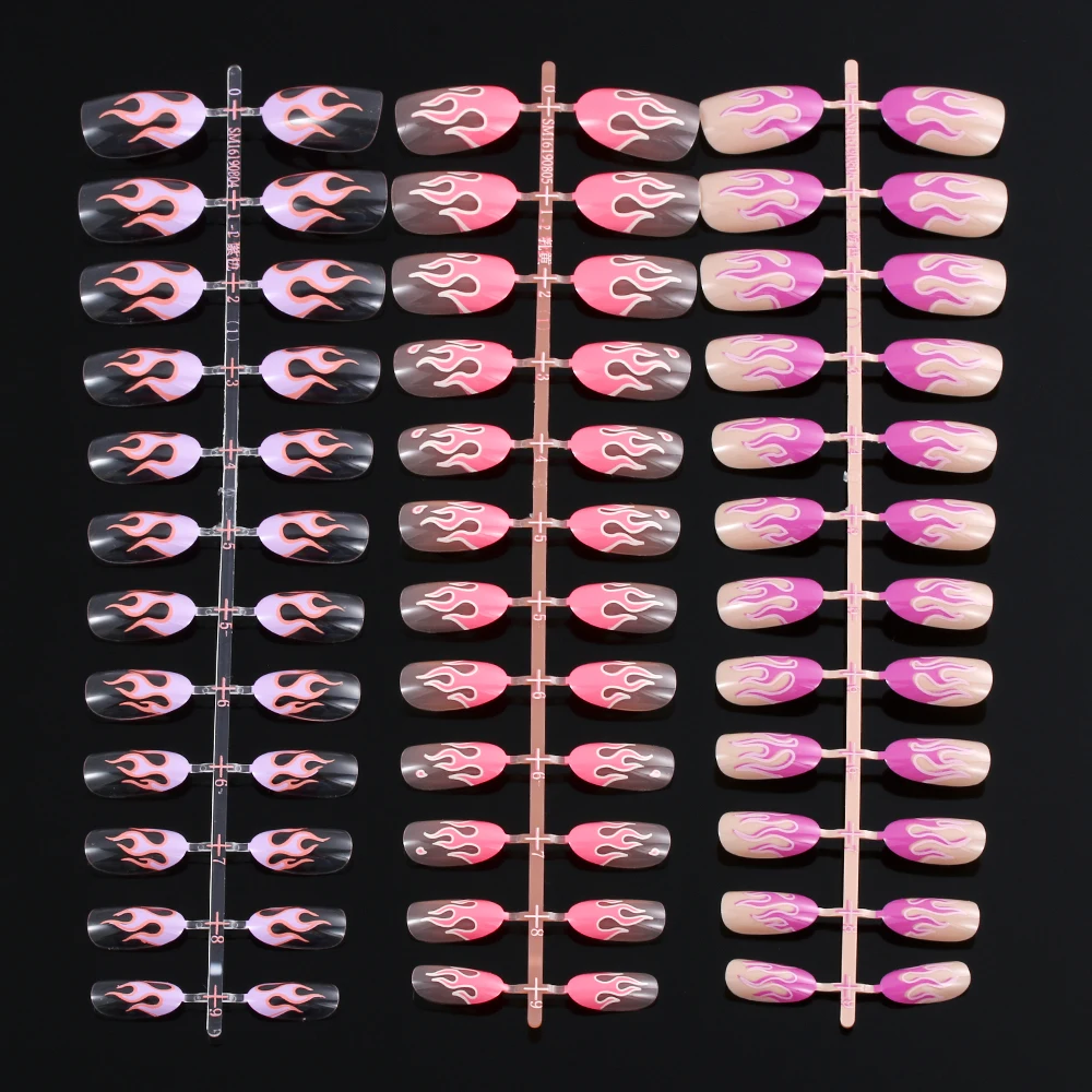 

24pc/lot Matte Glitter Fire Flame Fake Nails Black Matte Design Fashion Long Coffin Head Full Cover Nail Tips Finished Nail Art