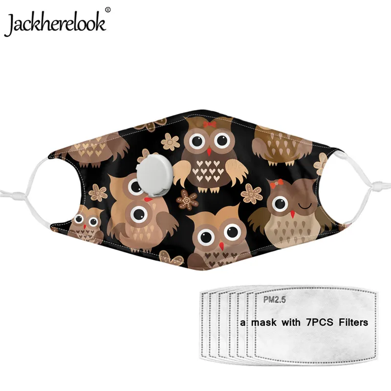 

Jackherelook Cute Animal Owl Prints Valve Mask Breathable Adult Mouth Face Mask with 7 Filters Kids Reusable Mask mascarilla Mas
