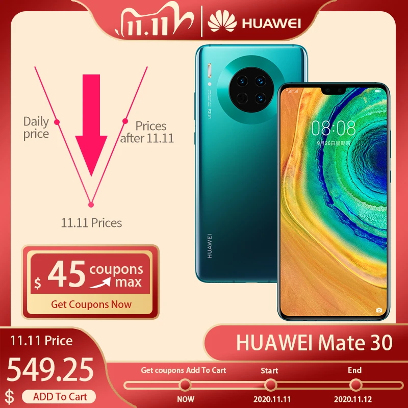Глобальная версия оригинальный HUAWEI Mate 30 мобильный телефон 6 62 &quotKirin 990 Octa Core 8GB 128GB