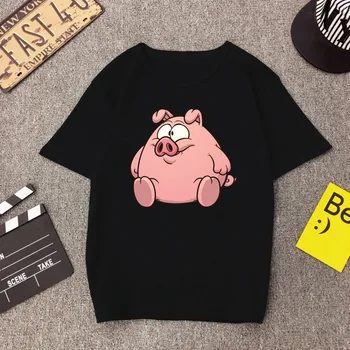 

2019 Kawaii Fat Pig T-shirt Women Cute O-neck Black Cool T Shirt Female Unique Camiseta Mujer Aesthetic Streetwear Hip Hop Comic
