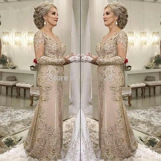 Vestidos de talla grande para madre de la novia, vestido de sirena con  cuello en V, mangas largas, apliques de tul con cuentas, Vestido largo de  fiesta de boda, vestidos para madre|Vestidos