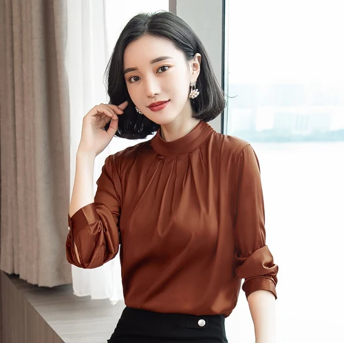 Корейские модные женские шелковые рубашки Женская атласная блузка, рубашка blusas Mujer De Moda женские блузки элегантные женские шелковые рубашки больших размеров - Цвет: Brown