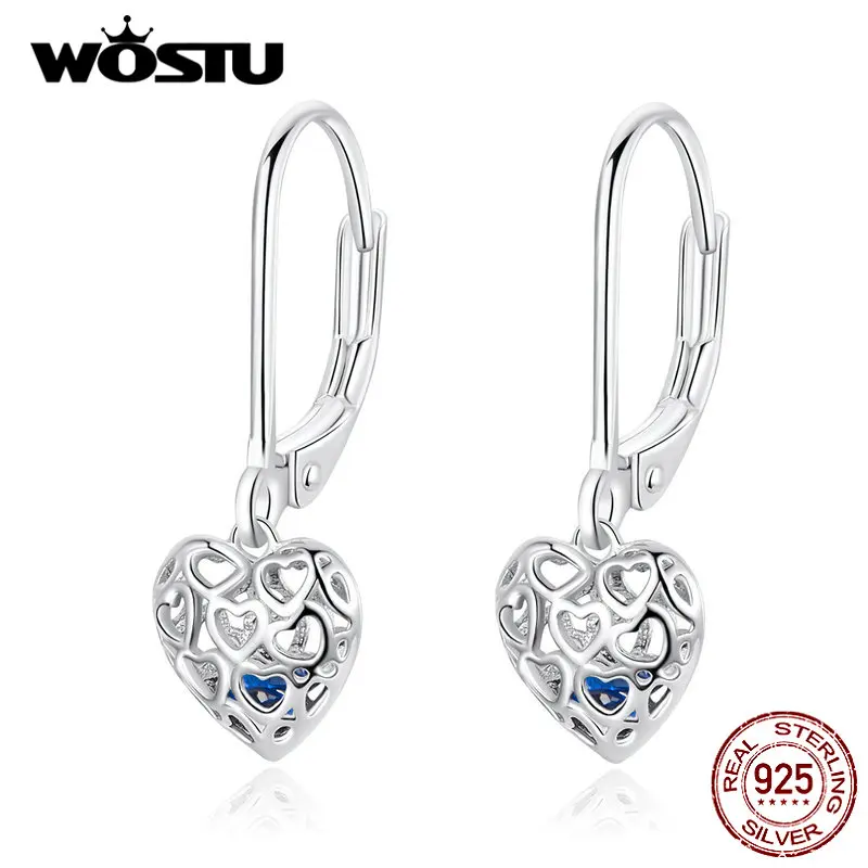 WOSTU Новое поступление 925 пробы серебряные ажурные серьги в форме сердца для женщин Свадебные Роскошные серьги ювелирные изделия подарки DXE746