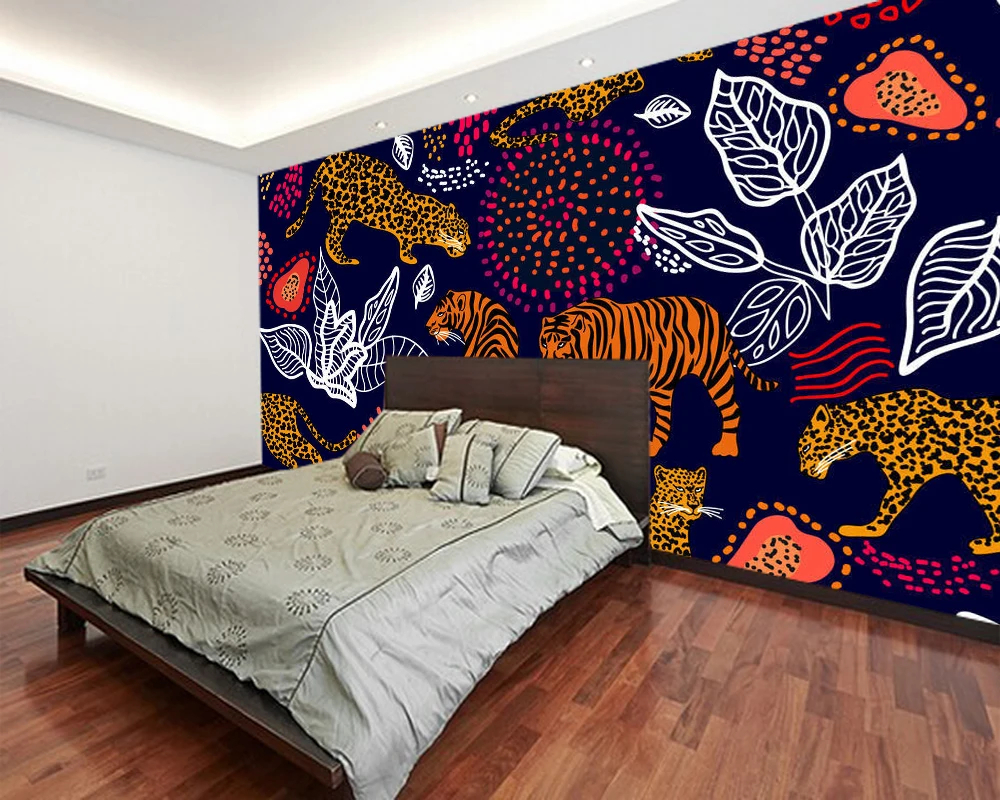 

Custom kids papel de parede, Jungle tiger and leopard mural painting for sofa background decoration wallpaper