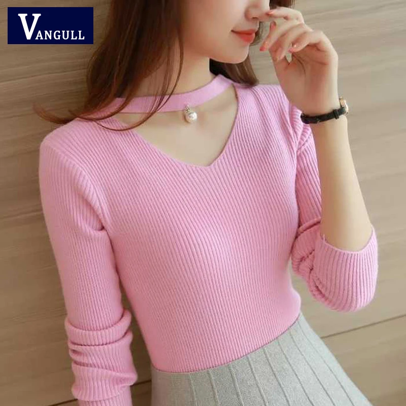 

Vangull Knitted Women Sweater V-neck Elasticity Pullovers Sweater Spring Autumn New Casual Female Long Sleeve Slim Pullovers