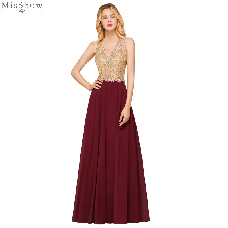 

Long Evening Dress 2019 A line Formal Party Dress V Neck Sleeveless Elegant Evening Gown Applique robe de soiree