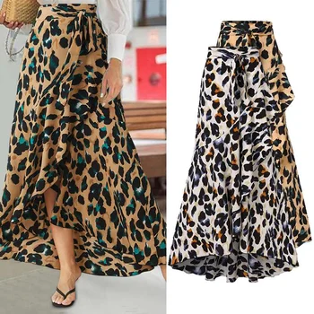 

Celmia Sexy Split Long Skirts Women Bohemian Ruffles Leopard Print Maxi Skirt High Waist Casual Party Fishtail Skirts Plus Size