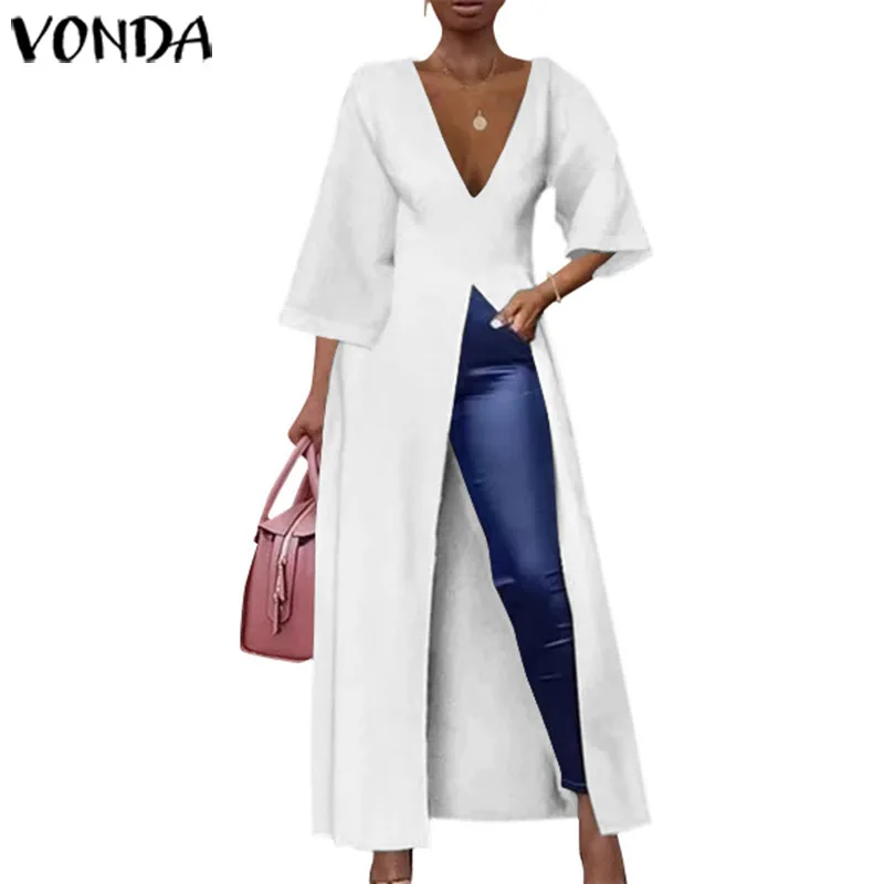 VONDA, женские сексуальные длинные рубашки с v-образным вырезом и разрезом, Коктейльные, вечерние, сексуальные платья, OL, офисные, длинные блузки, женские праздничные платья размера плюс - Color: White