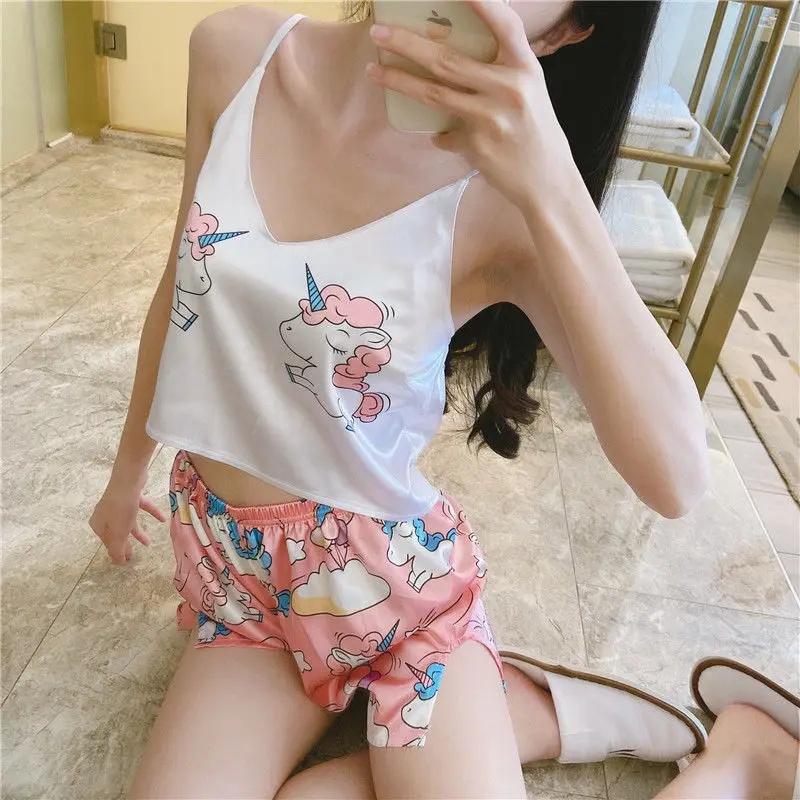 Сексуальные пижамы для женщин атласные ночные костюмы Мультяшные топы сна