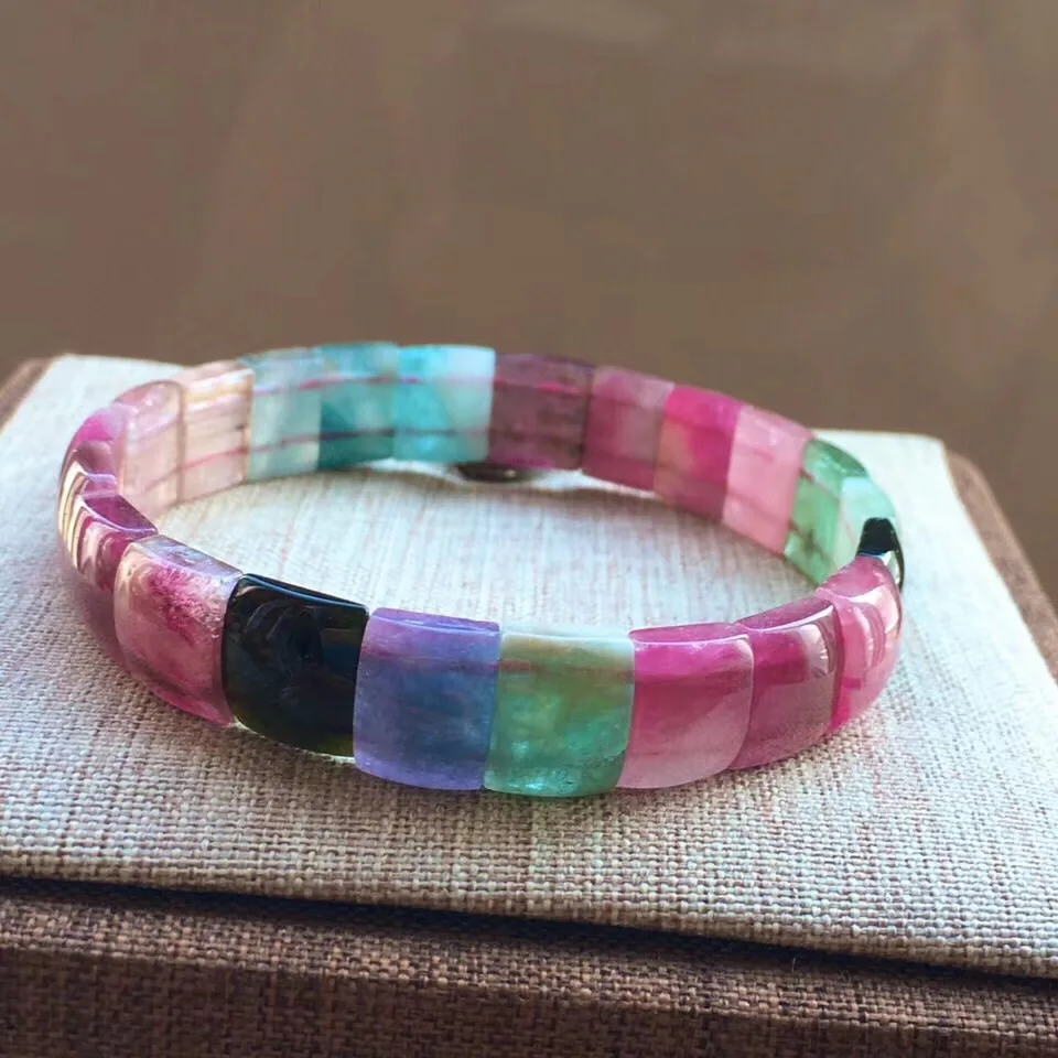 

Top Natural Rainbow Tourmaline Quartz Bracelet For Woman Man Brazil Crystal Clear 10x9mm Rectangle Beads Bangle Jewelry AAAAA