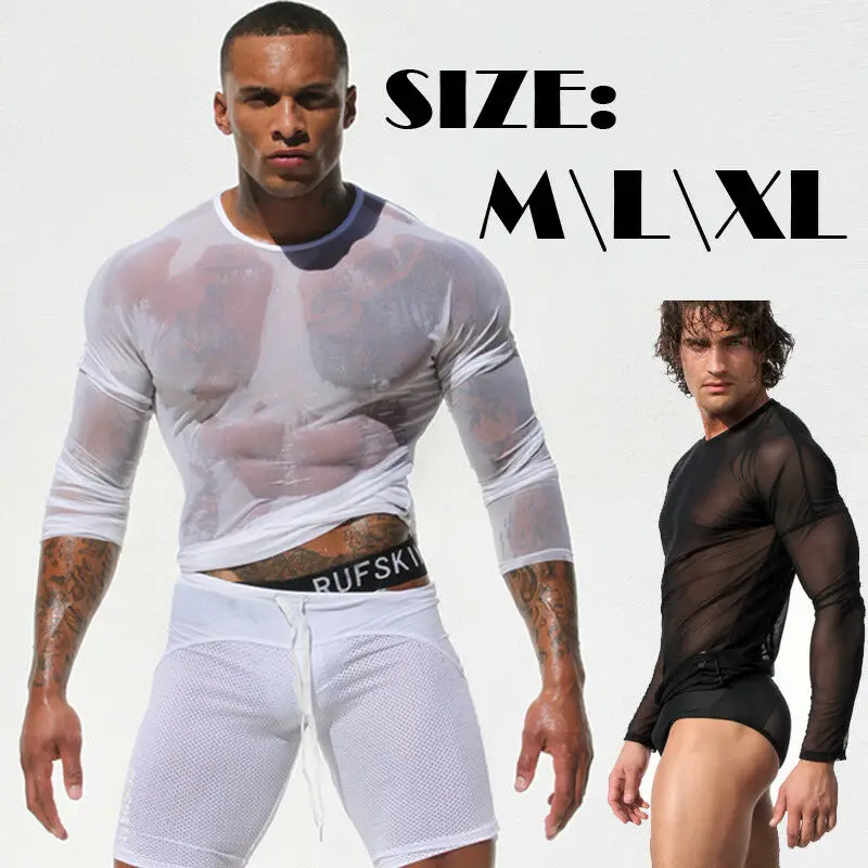 Hirigin Mens Undershirt Gay clothing Nylon Mesh Shirt See Through Sheer Long Sleeves T Shirts Sexy transparent shirt Underwear 4