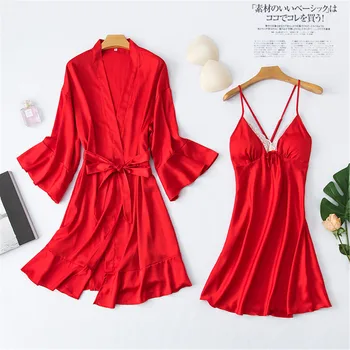 

FZSLCYIYI Sexy Women Rayon Kimono Bathrobe Red Bride Bridesmaid Wedding Robe Set Lace Trim Sleepwear Home Clothes Nightwear