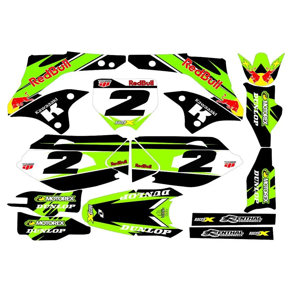 

New Bull Full Graphics Decals Stickers Custom Number Name 3M Bright Stickers Waterproof For Kawasaki KXF450R 2006 2007 2008
