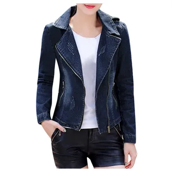 

FREE OSTRICH 2019 Women basical jeans coat Blue Full Sleeves Slim Solid Color turn-down collar Casual Women Denim Jacket