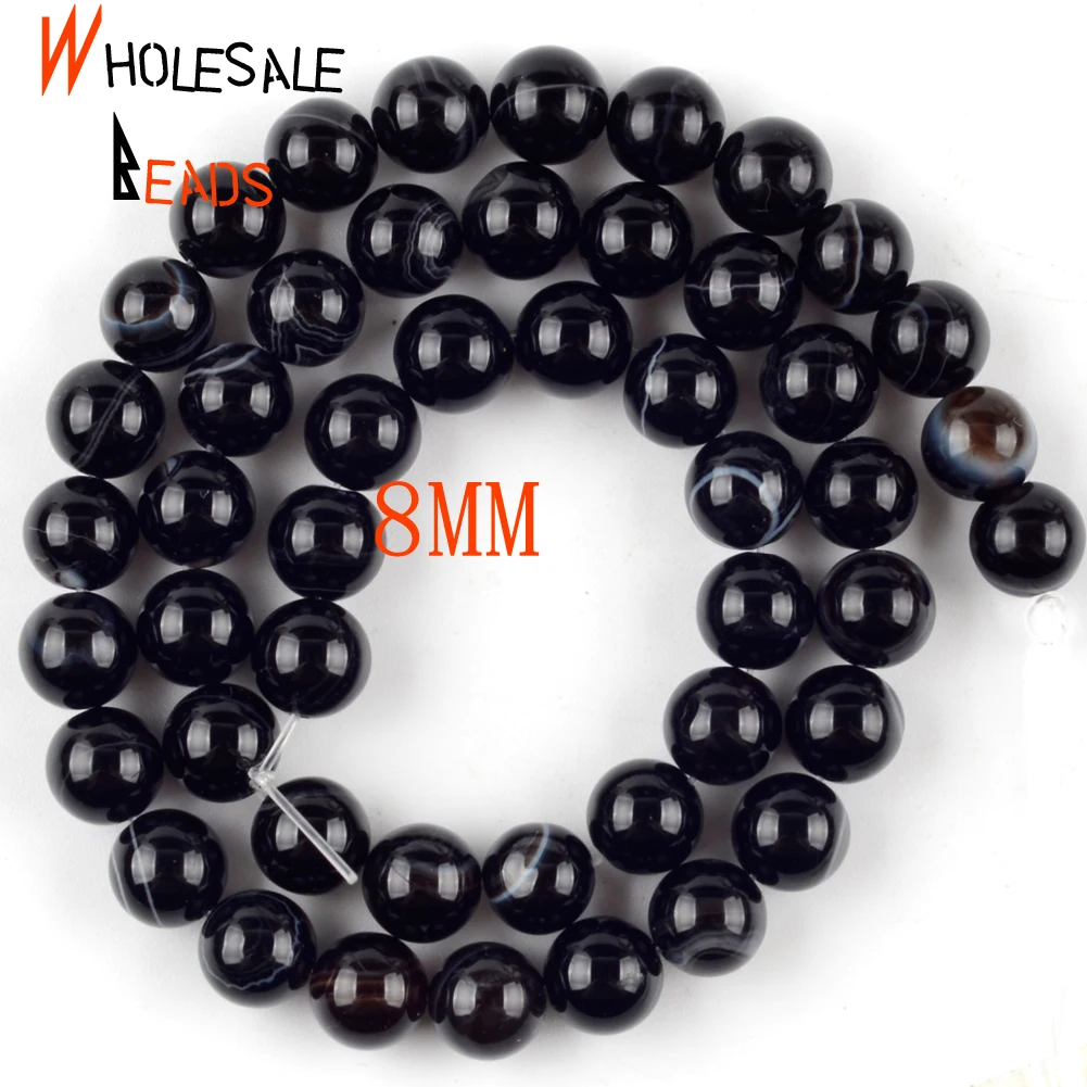 주얼리 제작용 천연 블랙 스트라이프 마노 스톤 비즈, 라운드 비즈, DIY 팔찌 액세서리, 4mm, 6mm, 8mm, 10mm, 12mm, 15 인치