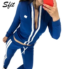 Sfit Женские повседневные комплекты из 2 предметов, полосатые облегающие спортивные костюмы, спортивные костюмы, топы с длинными рукавами, штаны, спортивные костюмы, спортивная одежда