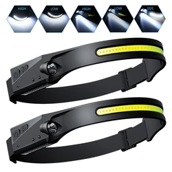 Lampe frontale à LED COB avec capteur et batterie intégrée, Rechargeable par USB, 5 Modes d'éclairage, lumière de travail 