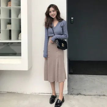 

Season Sweater Suit Skirt Female Small Xiangfeng Medium Length Money Two-piece Set Knitting Dress 8896