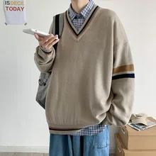 

2021 New Sweater Knitted Special Contrast Stripes Causl Colorblock V-neck Sweaters Personality Japanese Pullover Casual Loose