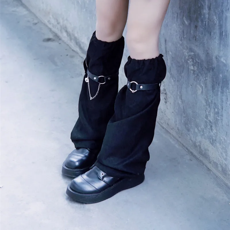 

Lolita Leg Warmers Winter Suede Leather Buckle Leg Covers Handmade Gothic Black Warm Leg Slouch Socks Streetwear
