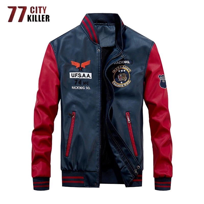 

77City Killer 2019 New Leather Jacket Men Windbreaker Motorcycle Patchwork Baseball Jackets Male Fleece Warm Faux Leather Jacket