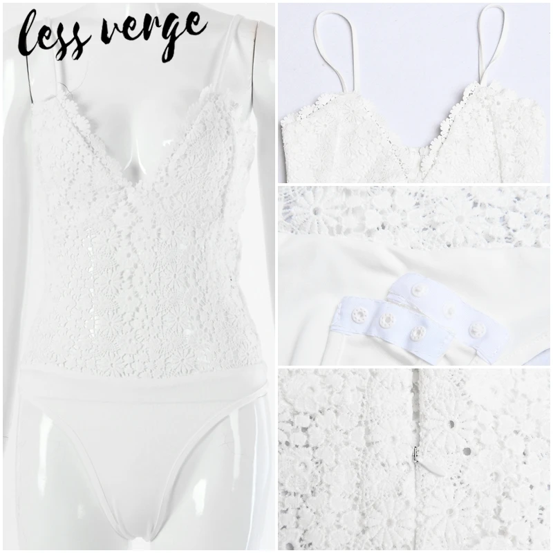 lessverge Sexy lace white women bodysuit Floral transparent one piece bodycon jumpsuit bodysuit Backless skinny winter bodysuit