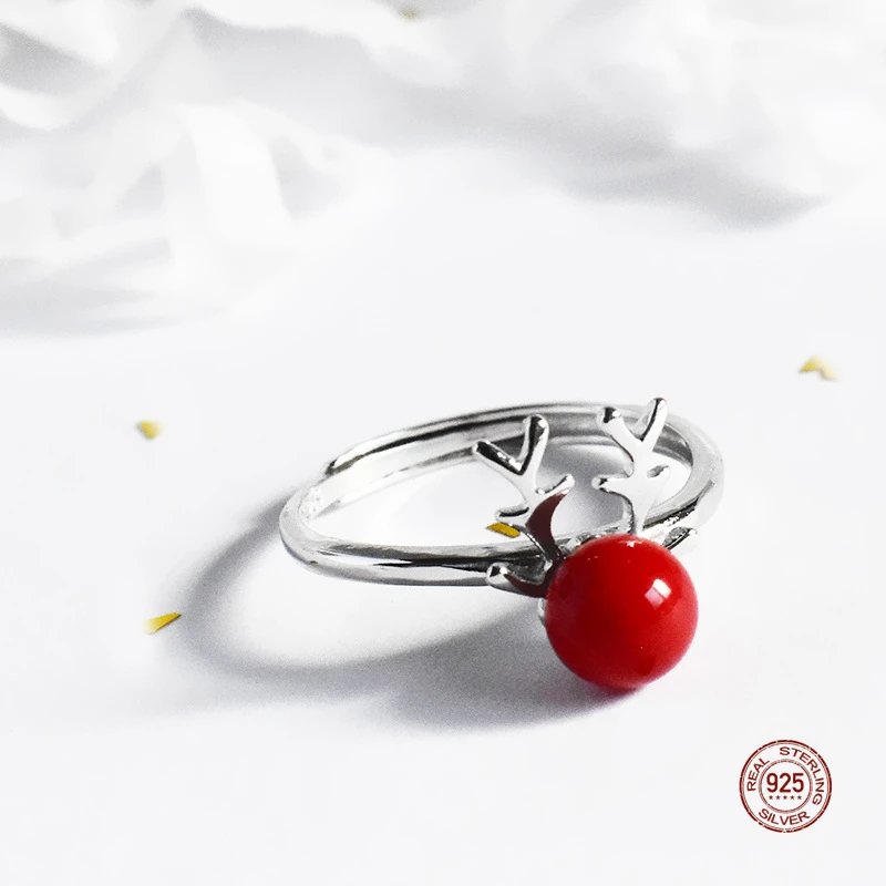 LKO Real 925 Sterling silver Cute Antlers With Natural Stone Opening Ring For Women Fashion Jewelry Christmas Present Girl | Украшения и