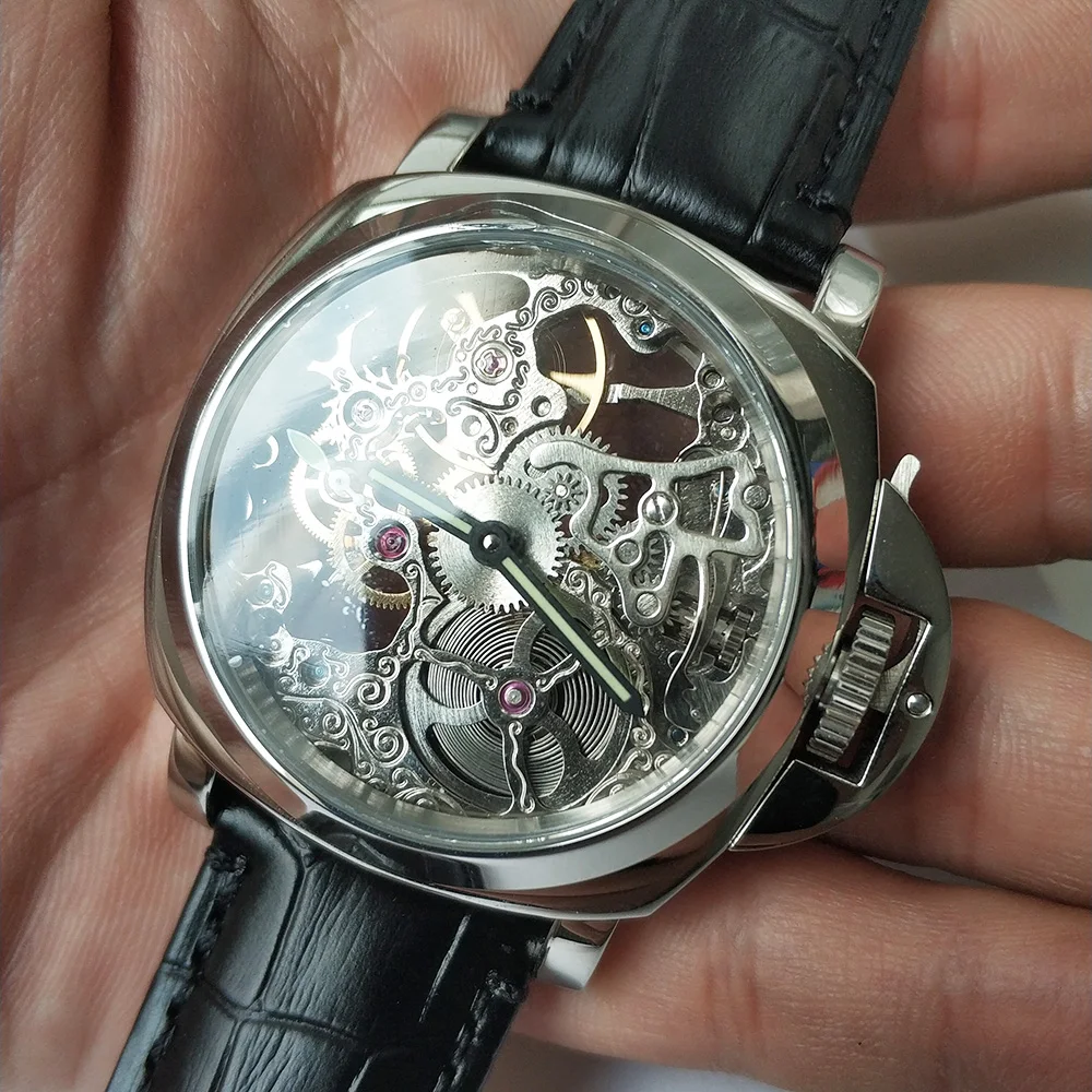 

men watches parnis 44mm fashion handing mens watch movement silver stainless steel case sterile dial leather strap 11